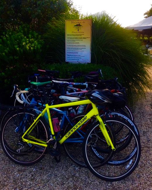 100 miles day ride in eastern long island: bikes rest while we drink wine - august 2017